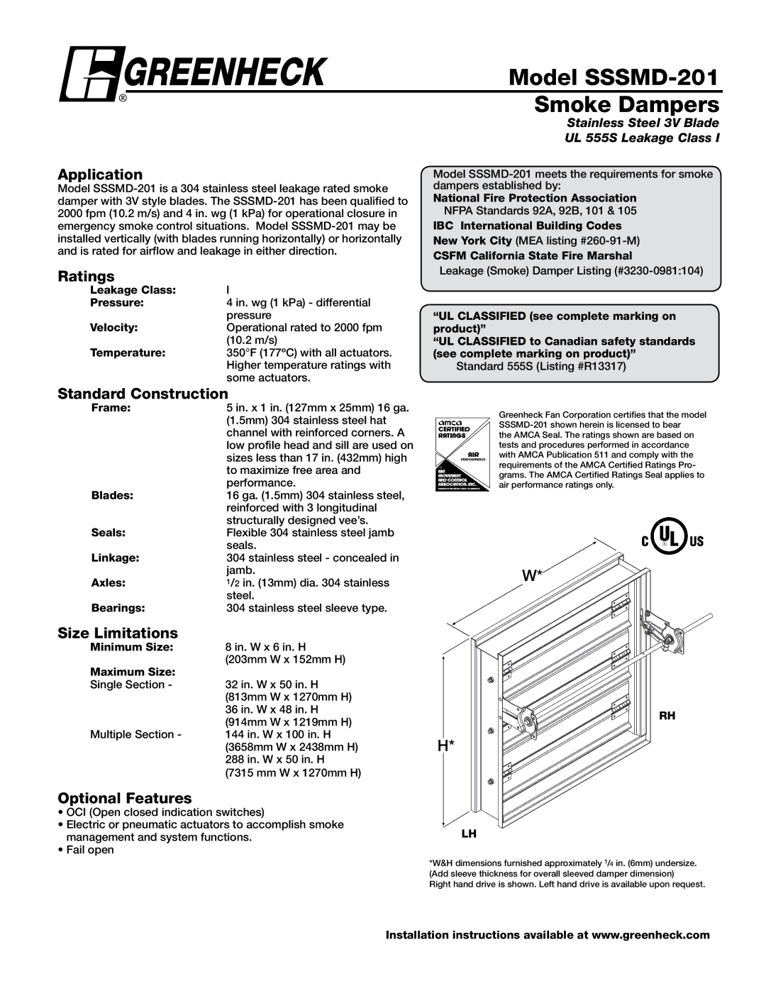 Greenheck Fan dimensions Model SSSMD-201 Smoke Dampers 