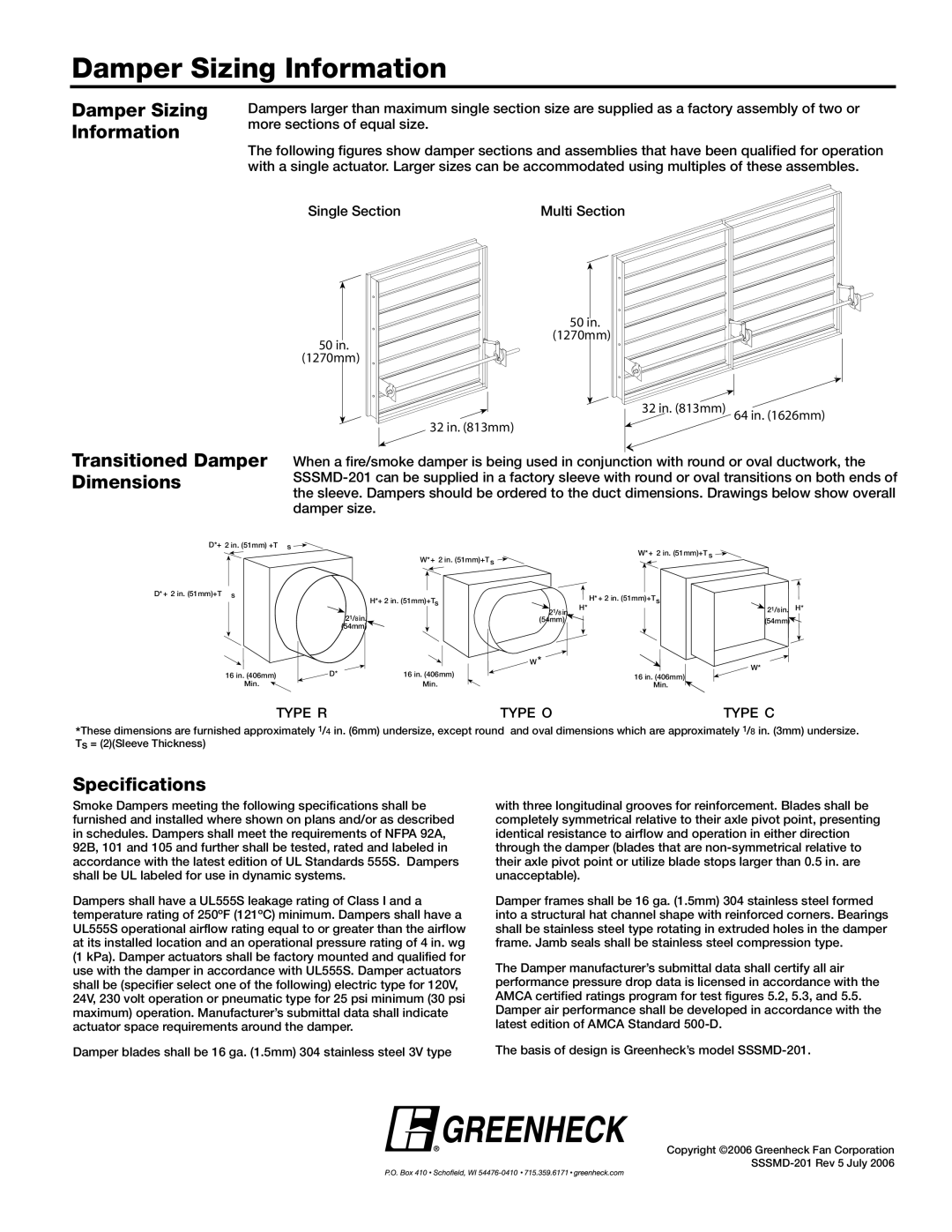 Greenheck Fan SSSMD-201 dimensions Damper Sizing Information, Transitioned Damper Dimensions, Specifications 