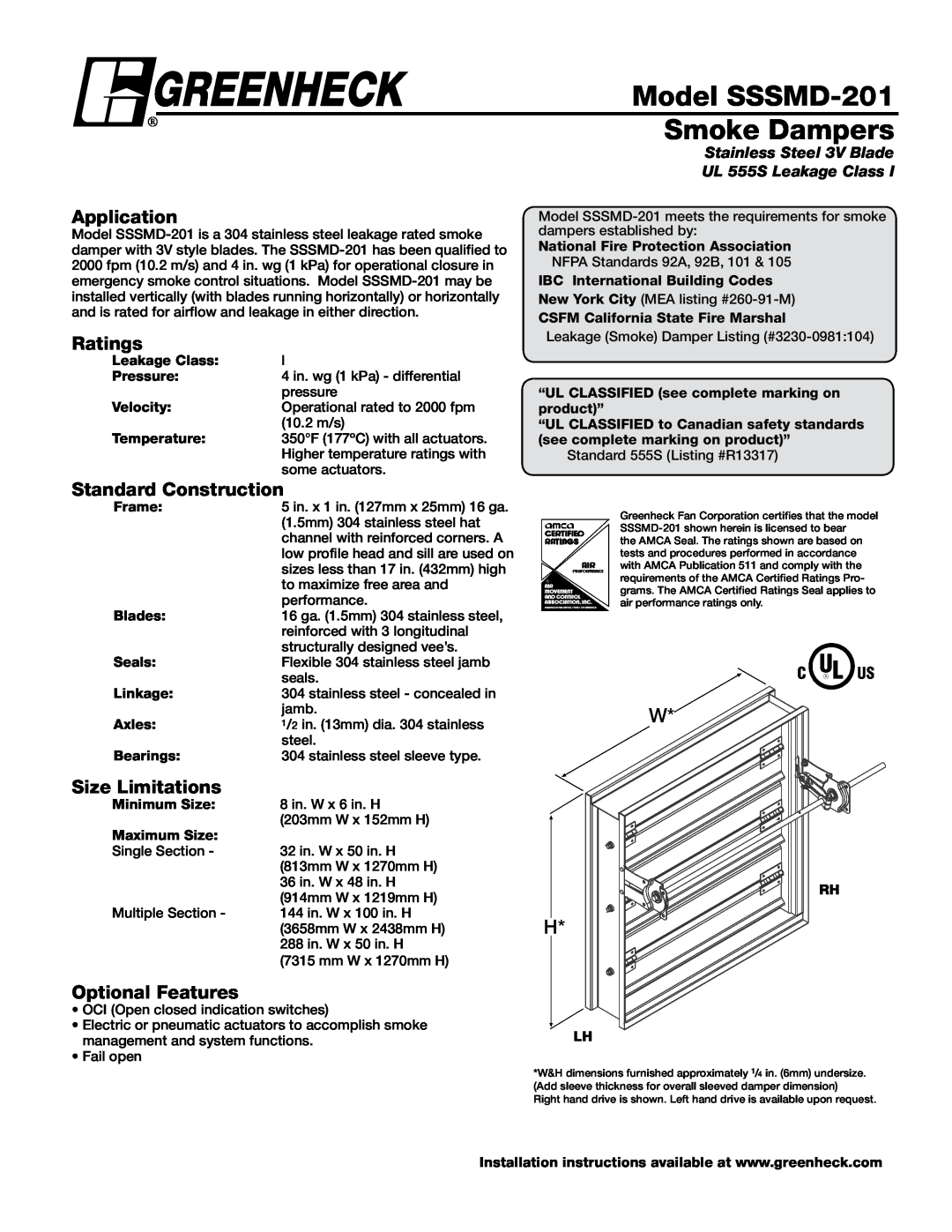 Greenheck Fan dimensions Model SSSMD-201 Smoke Dampers, Application, Ratings, Standard Construction, Size Limitations 