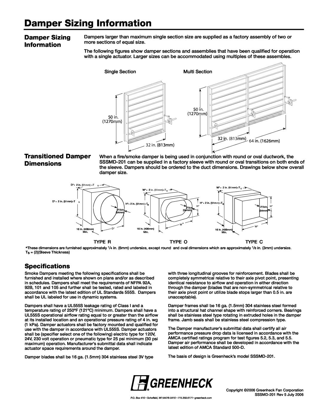 Greenheck Fan SSSMD-201 dimensions Damper Sizing Information, Transitioned Damper Dimensions, Specifications 