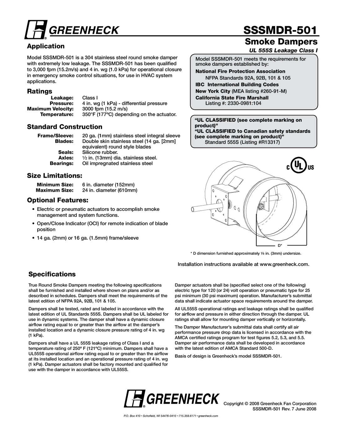 Greenheck Fan SSSMDR-501 specifications Smoke Dampers 