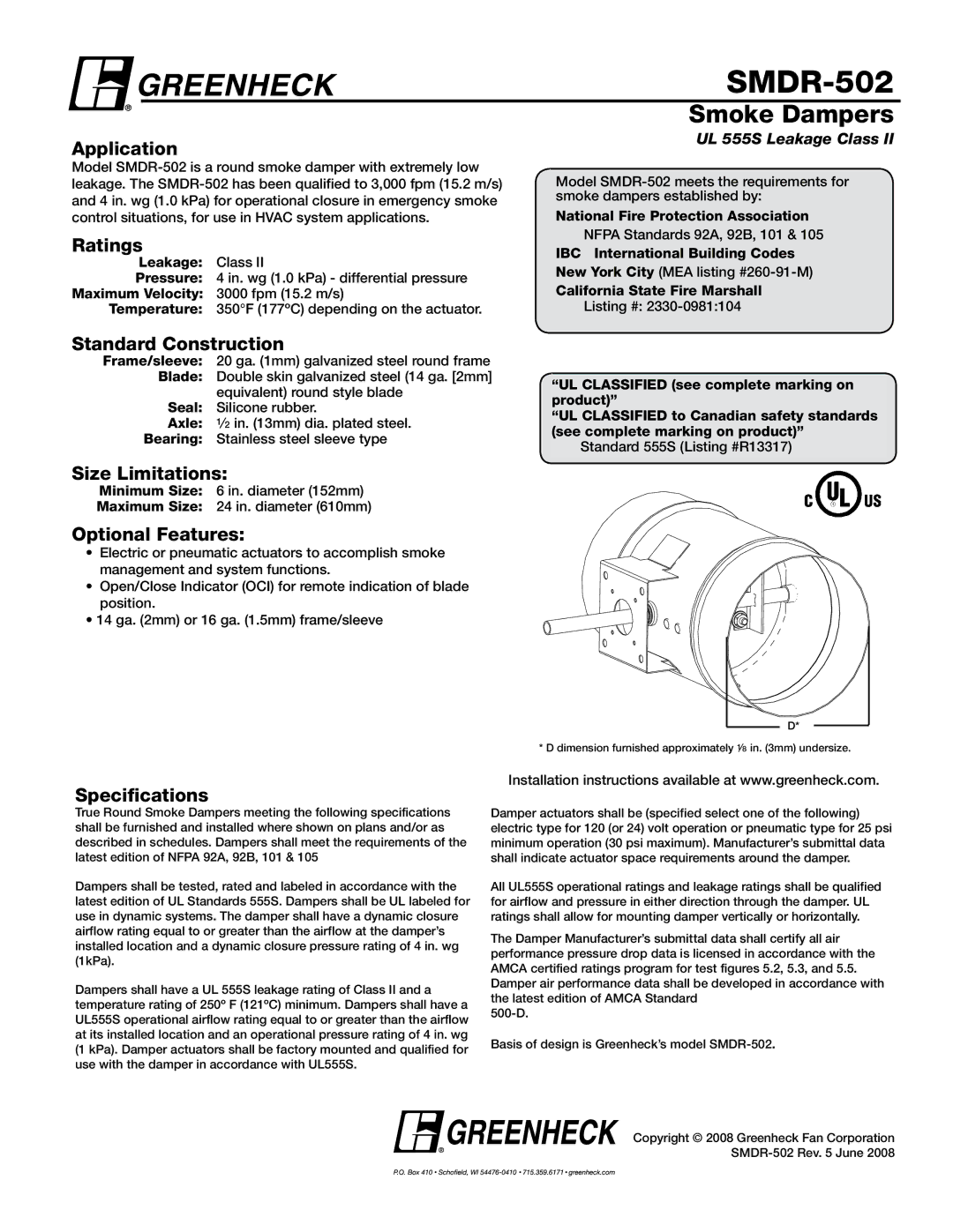 Greenheck Fan SSSMDR-502 specifications Smoke Dampers 