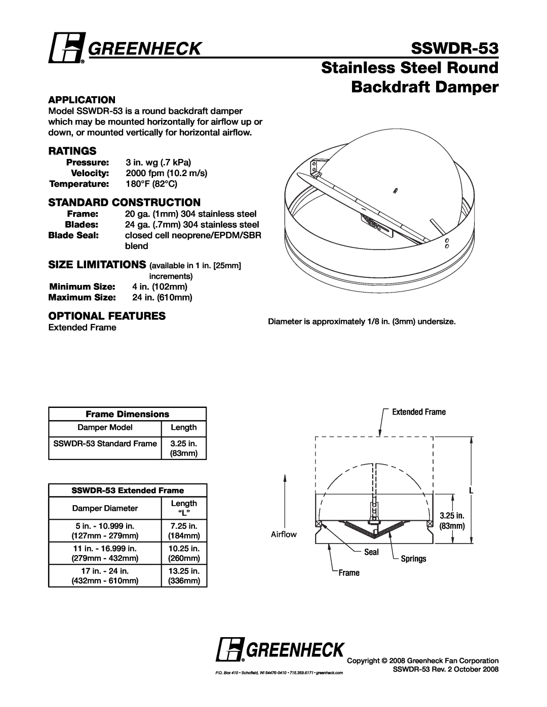 Greenheck Fan dimensions SSWDR-53 Stainless Steel Round Backdraft Damper, Ratings, Standard Construction, Application 