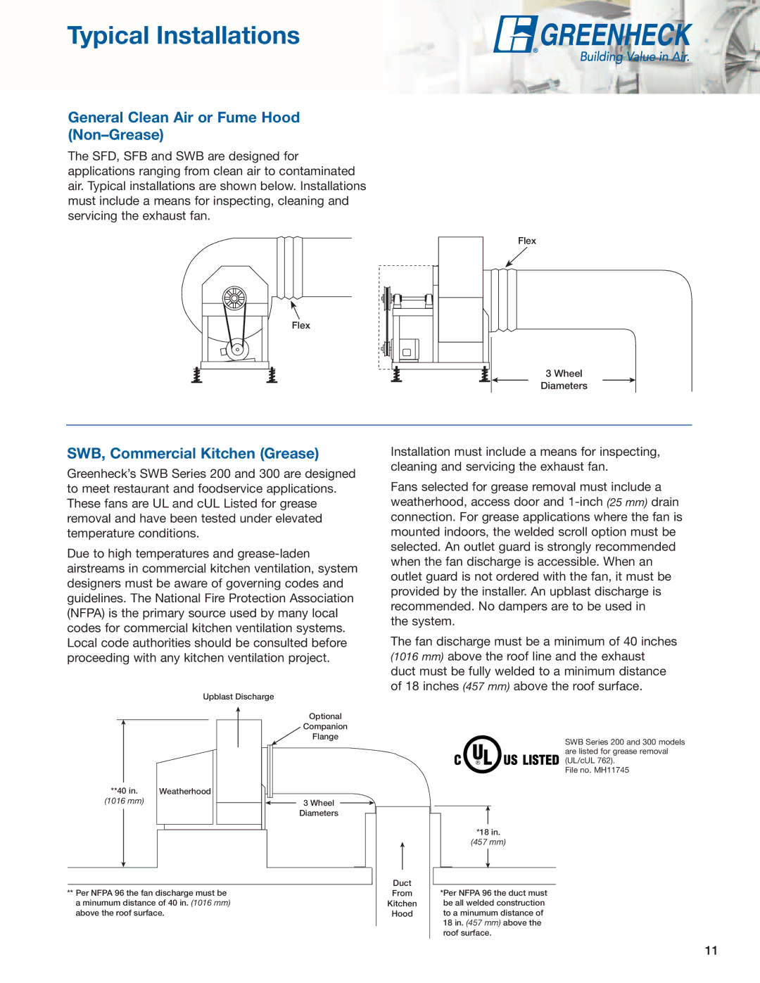 Greenheck Fan SFB, SWB, SFD manual Typical Installations, Wheel Diameters 