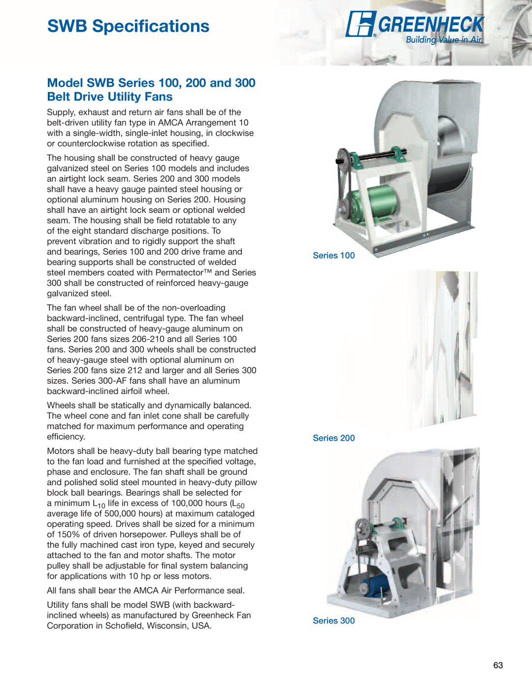 Greenheck Fan SFD, SFB manual SWB-Specifications, Model SWB Series 100, 200 and 300 Belt Drive Utility Fans 