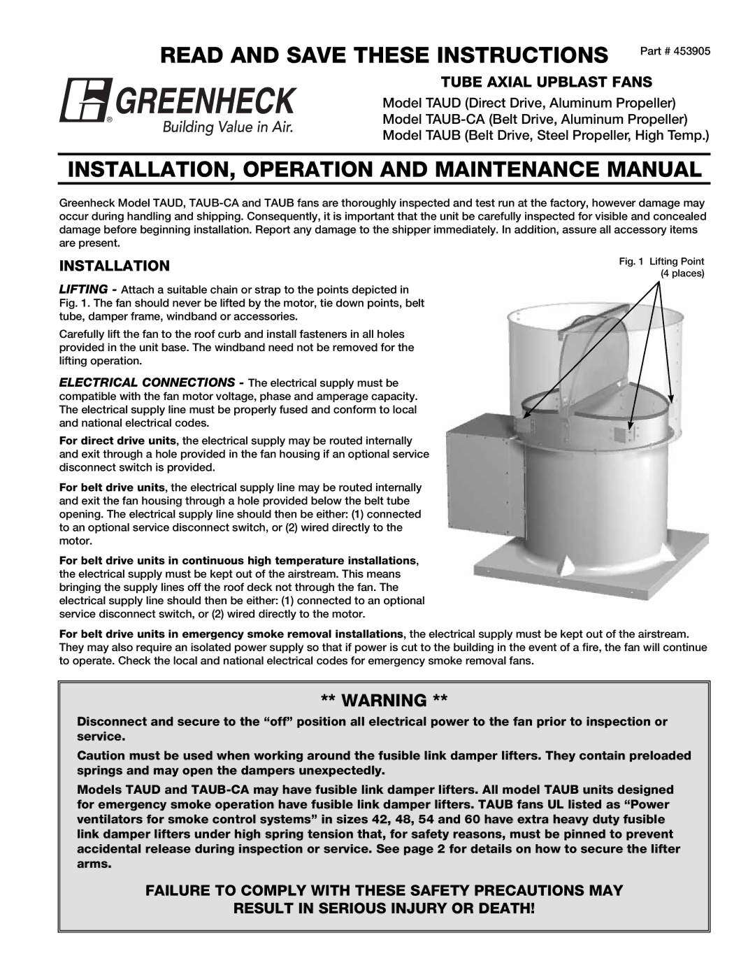 Greenheck Fan TAUD, TAUB-CA manual Tube Axial Upblast Fans, Installation 