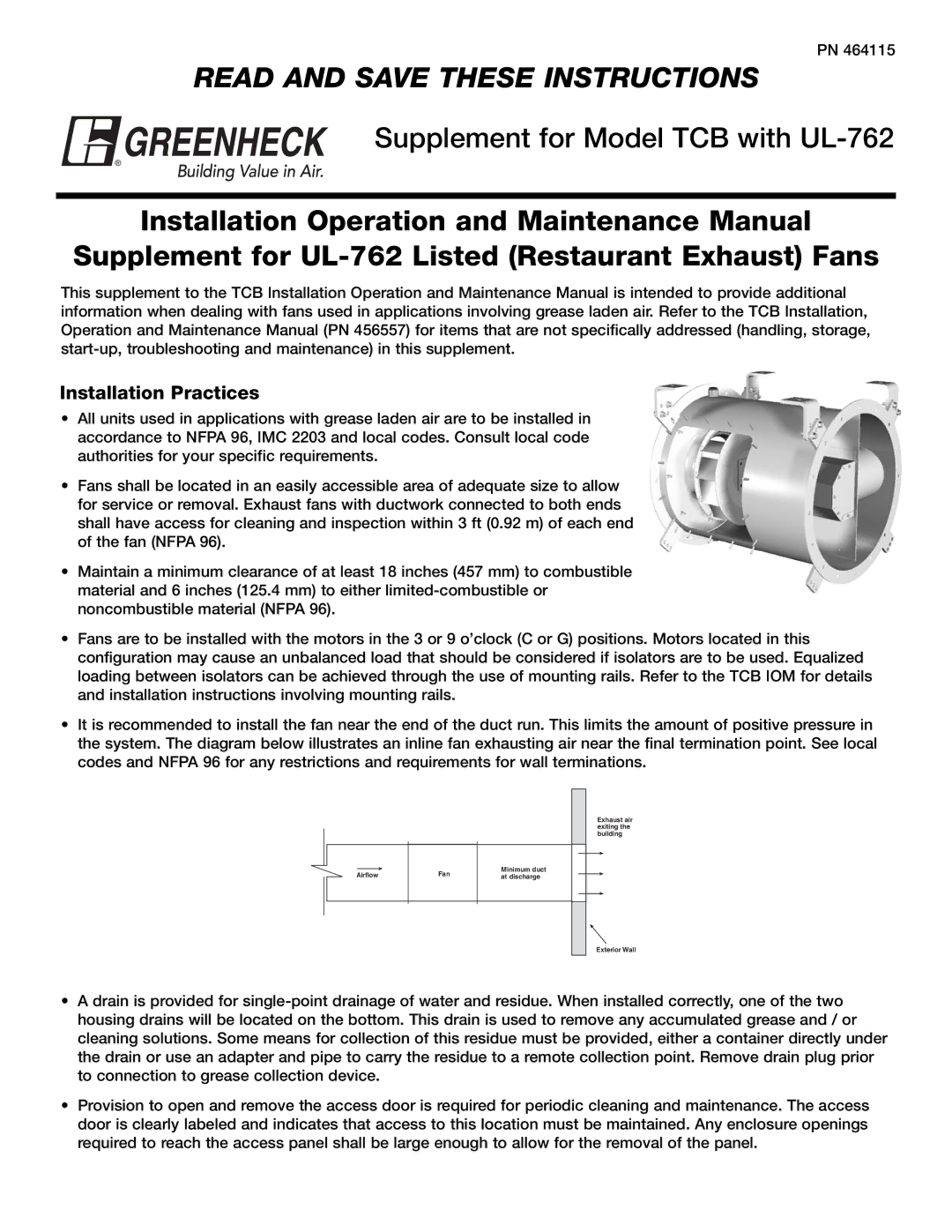 Greenheck Fan TCB installation instructions Read and Save These Instructions, Installation Practices 