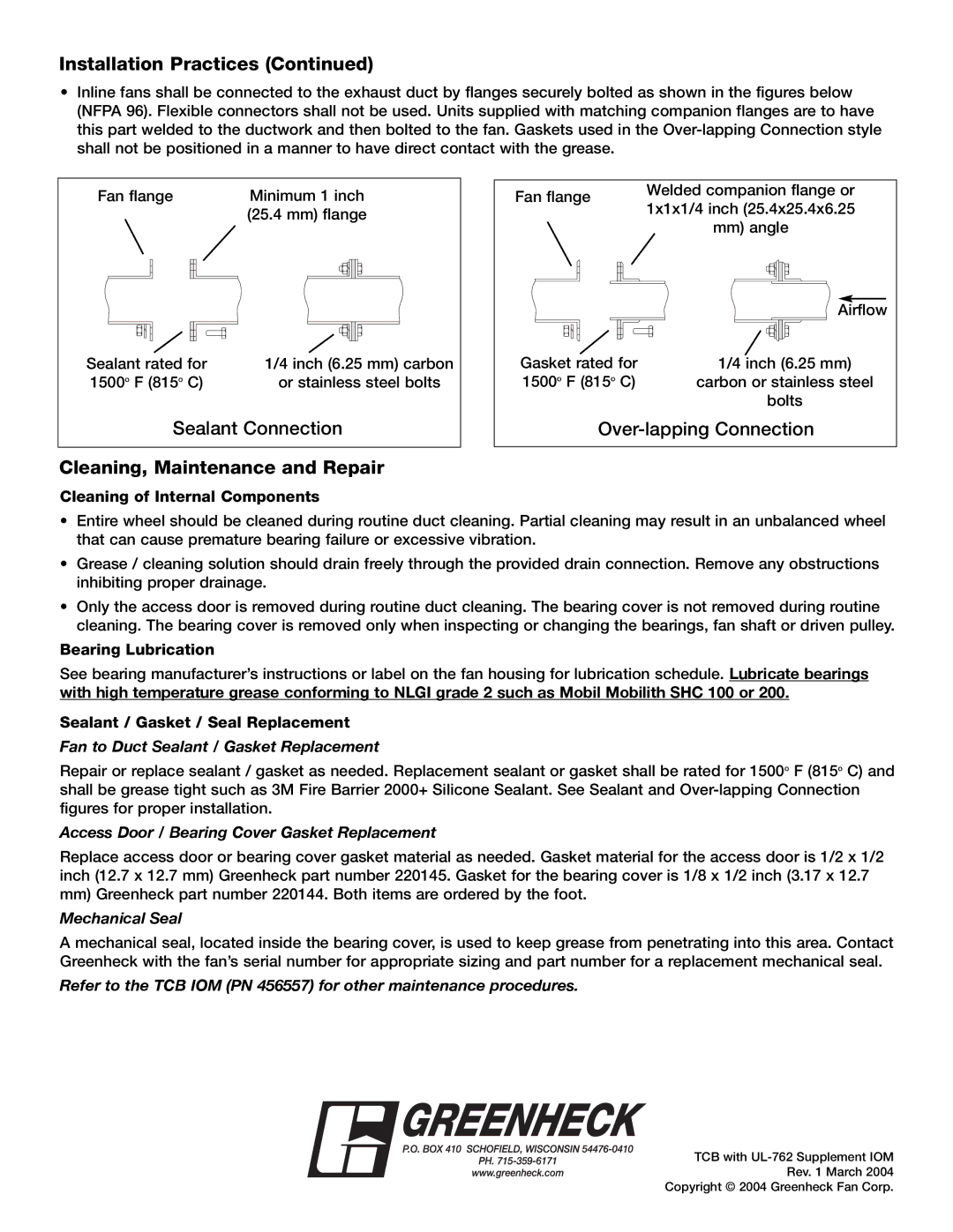 Greenheck Fan TCB installation instructions Sealant Connection, Cleaning, Maintenance and Repair, Over-lapping Connection 