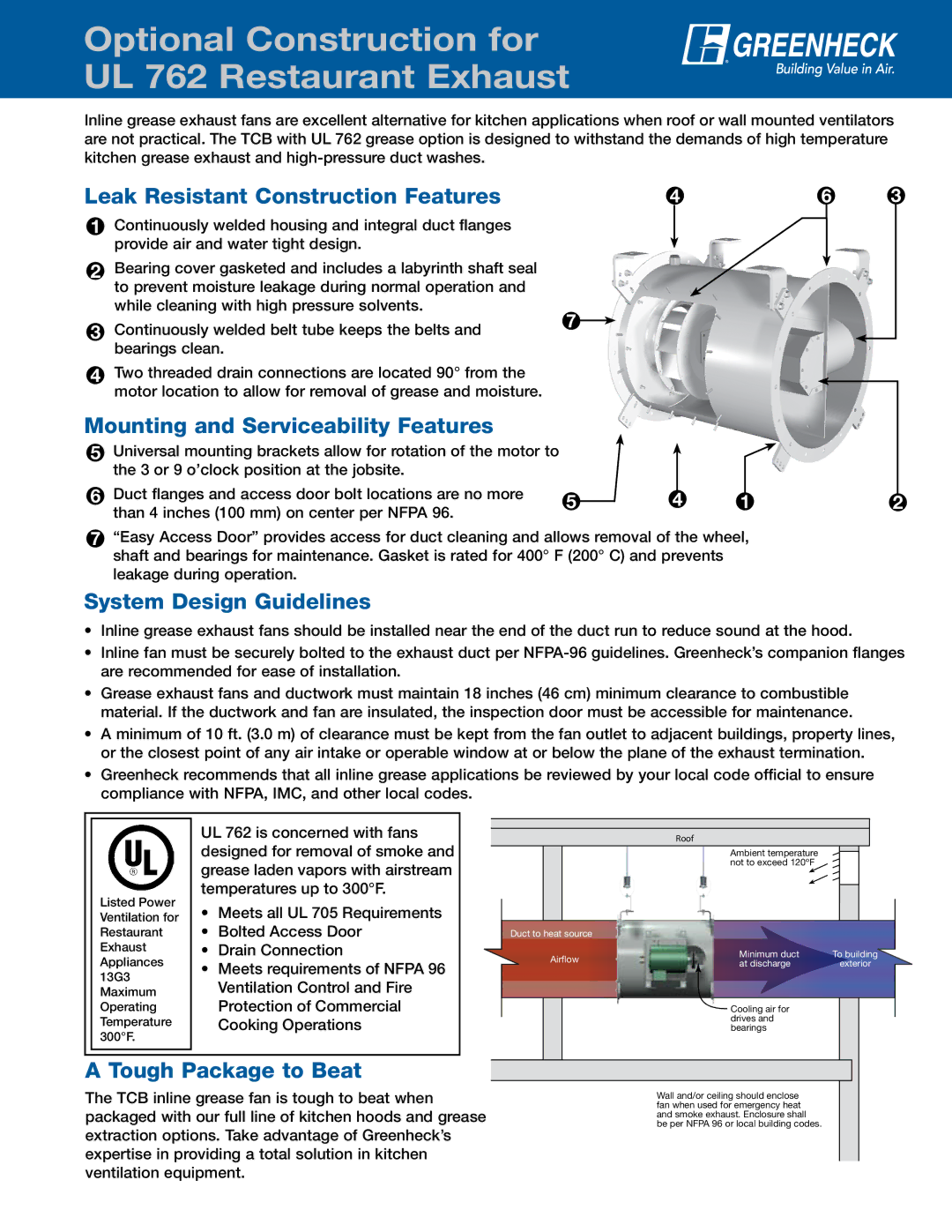 Greenheck Fan manual Optional Construction for UL 762 Restaurant Exhaust, Leak Resistant Construction Features 