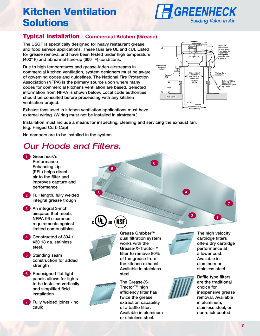 Greenheck Fan USGF manual Kitchen Ventilation Solutions, Typical Installation Commercial Kitchen Grease 