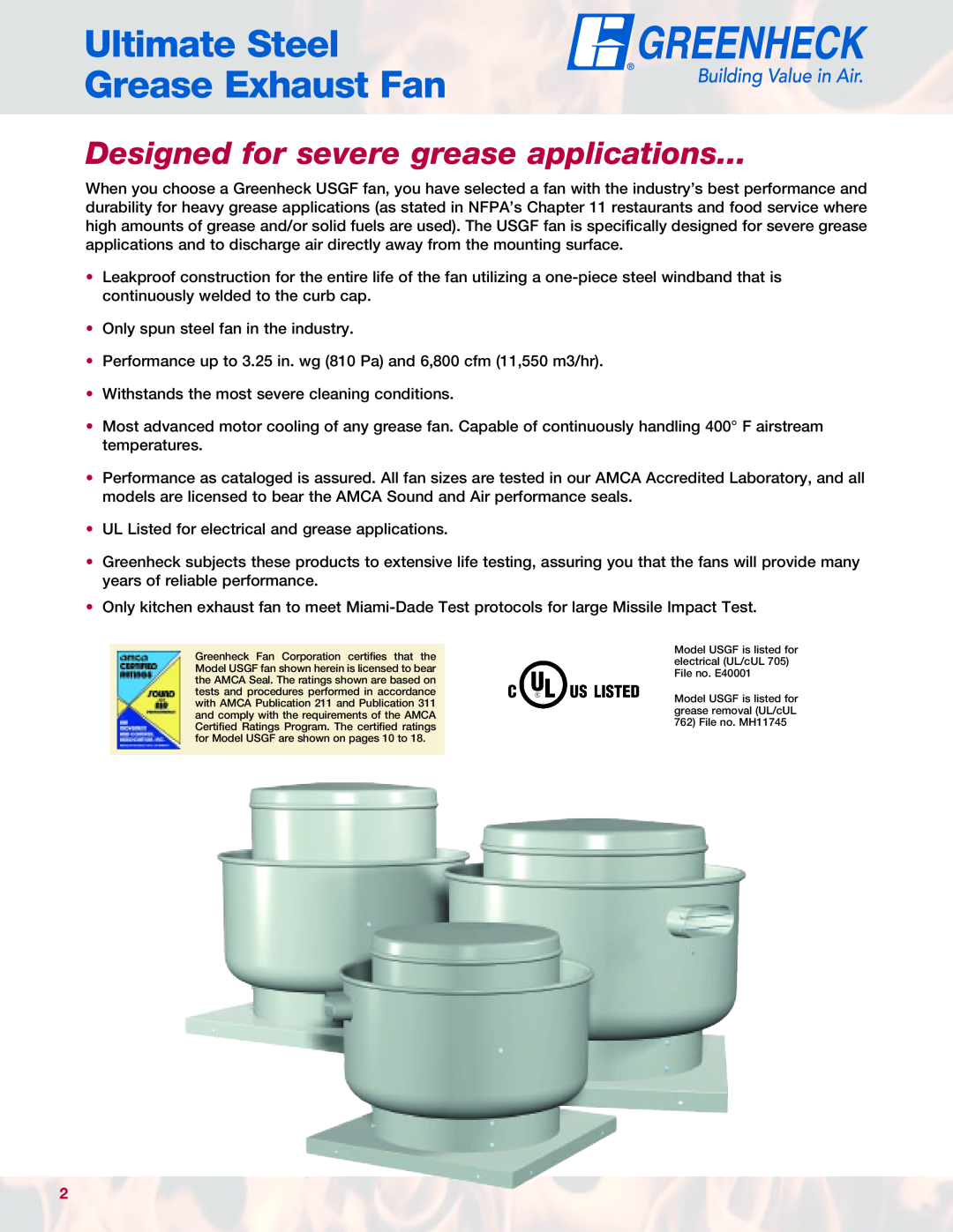 Greenheck Fan USGF manual Ultimate Steel Grease Exhaust Fan, Designed for severe grease applications 