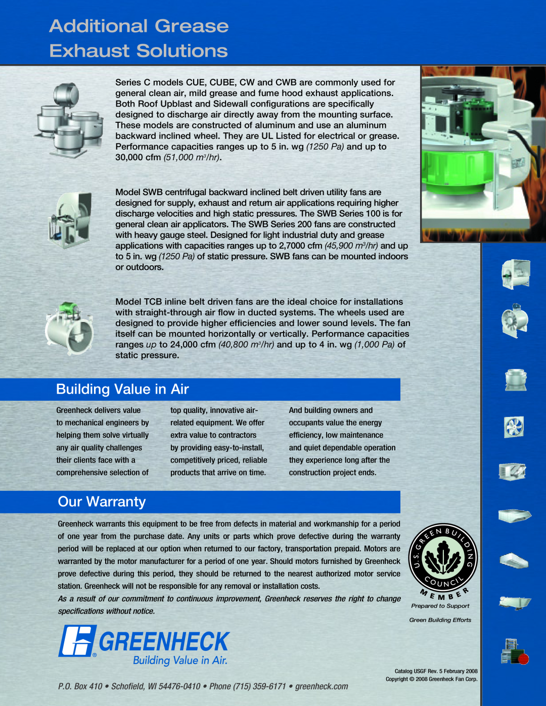 Greenheck Fan USGF manual Additional Grease Exhaust Solutions, Building Value in Air, Our Warranty 