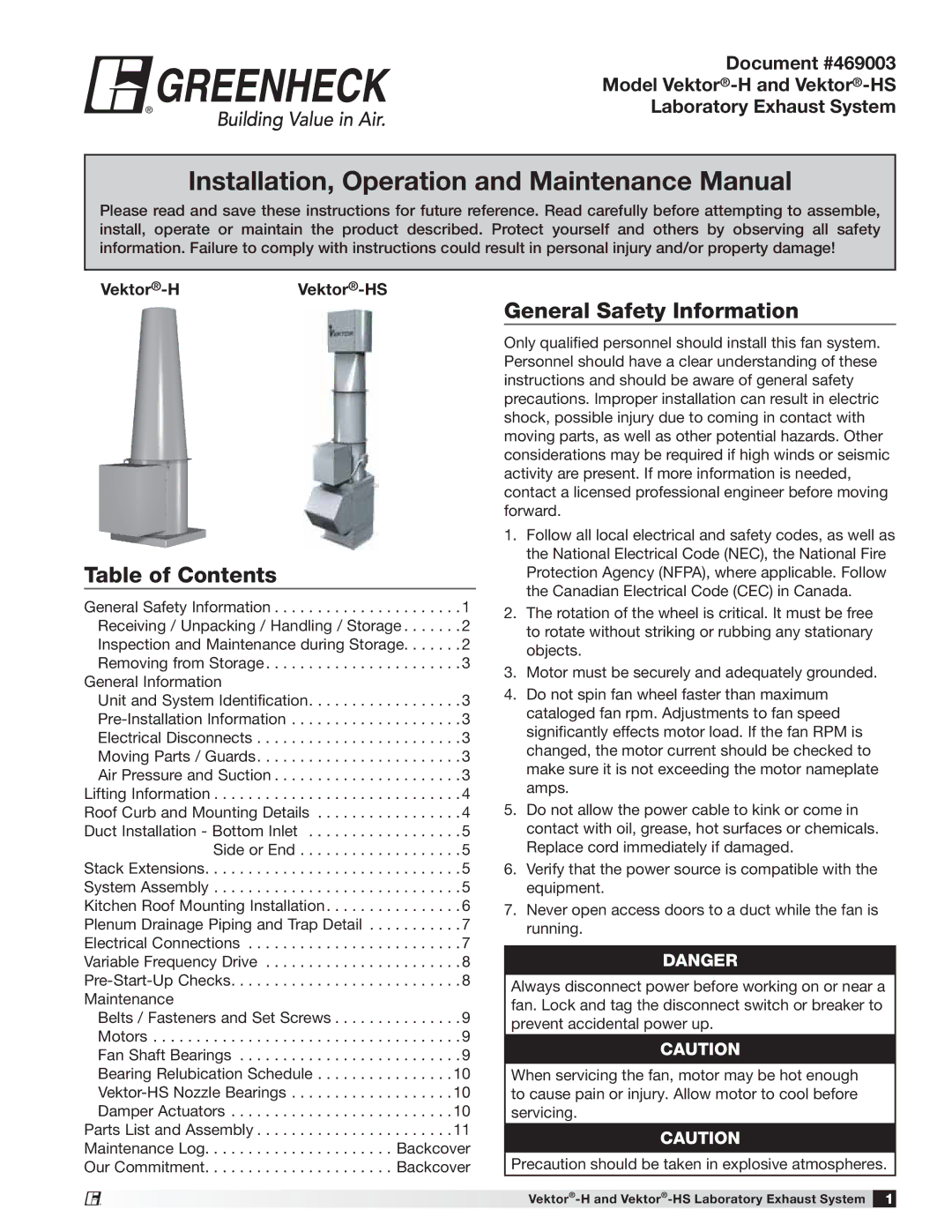 Greenheck Fan Vektor-HS manual Table of Contents, General Safety Information 