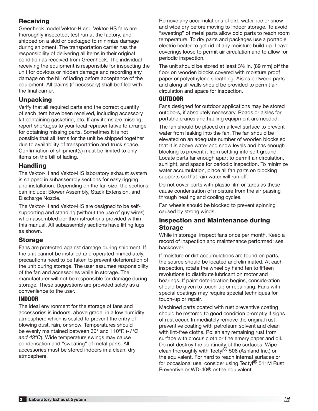 Greenheck Fan Vektor-HS manual Receiving, Unpacking, Handling, Inspection and Maintenance during Storage 