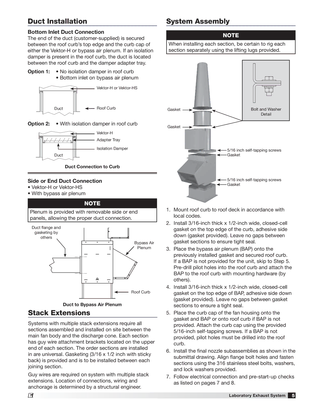 Greenheck Fan Vektor-HS manual Duct Installation, Stack Extensions, System Assembly, Bottom Inlet Duct Connection 