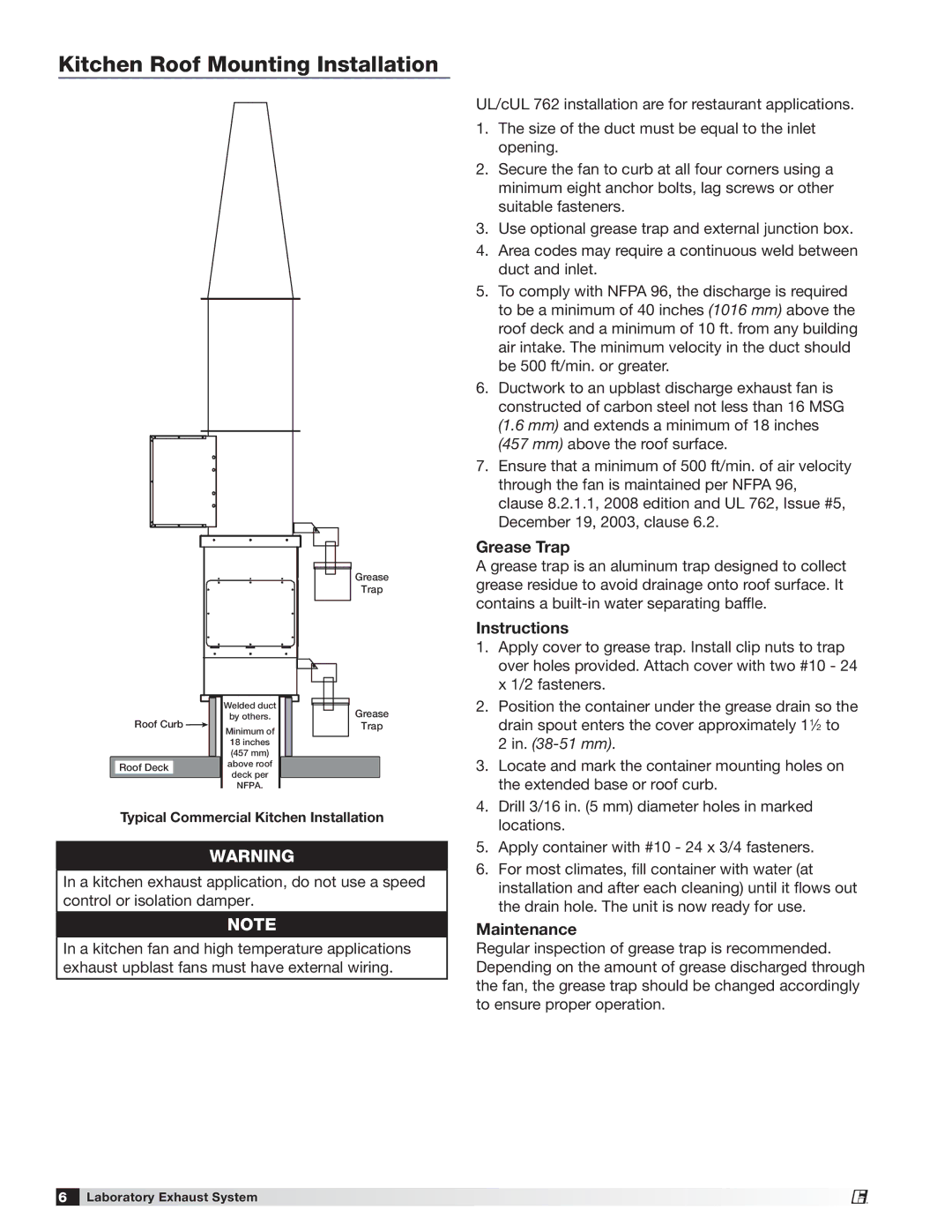 Greenheck Fan Vektor-HS manual Kitchen Roof Mounting Installation, Grease Trap, Instructions, Maintenance 