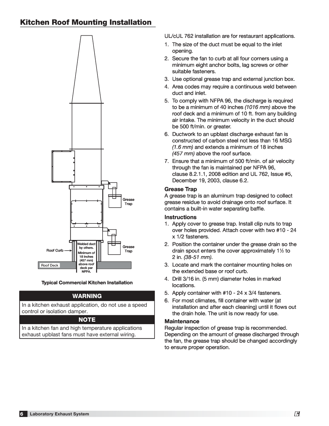 Greenheck Fan Vektor-H manual Kitchen Roof Mounting Installation, Grease Trap, Instructions, Maintenance, 2 in. 38-51 mm 