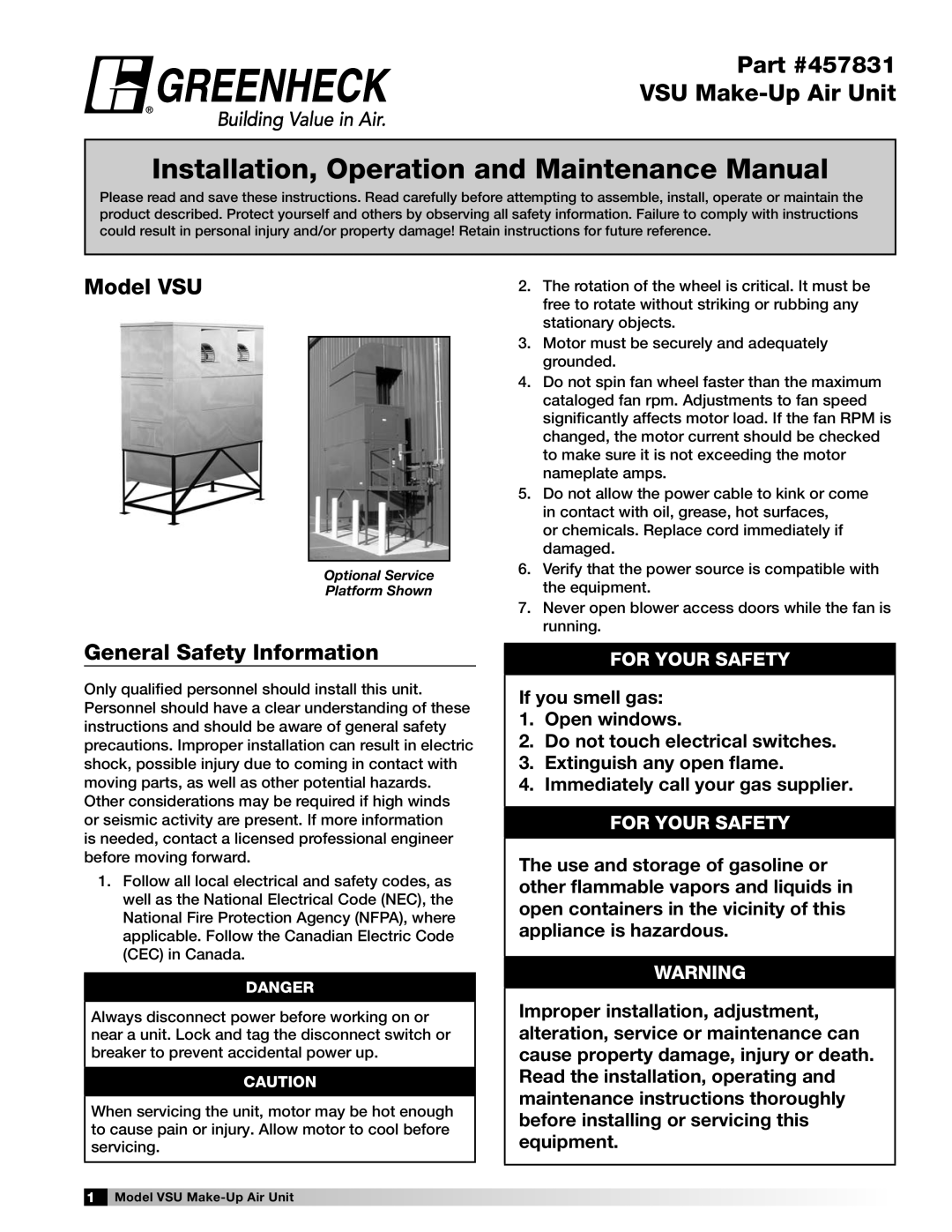 Greenheck Fan manual Model VSU, General Safety Information 