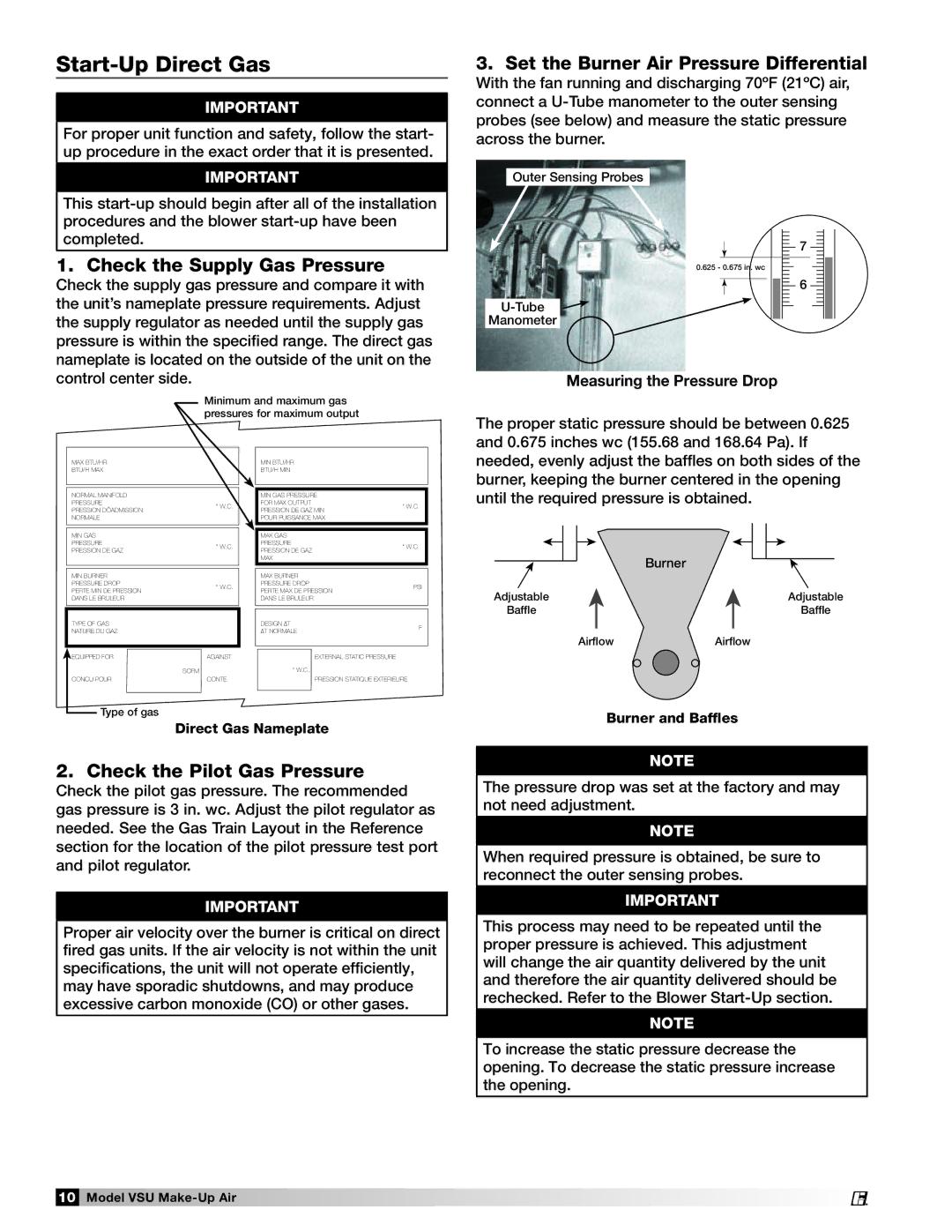 Greenheck Fan VSU manual Start-Up Direct Gas, Check the Supply Gas Pressure, Set the Burner Air Pressure Differential 