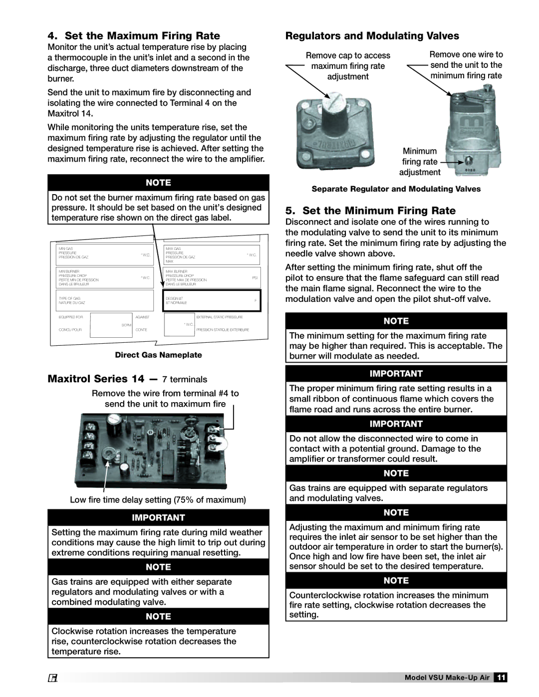 Greenheck Fan VSU manual Set the Maximum Firing Rate, Regulators and Modulating Valves, Set the Minimum Firing Rate 