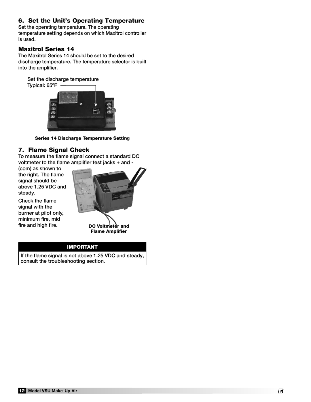 Greenheck Fan VSU manual Set the Unit’s Operating Temperature, Maxitrol Series, Flame Signal Check 