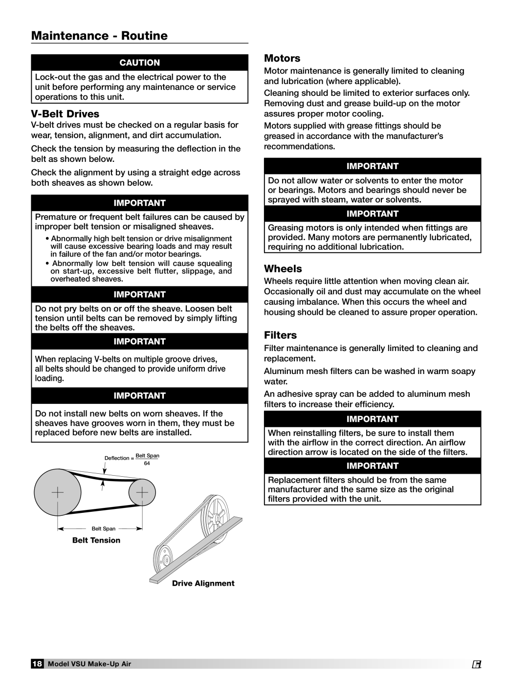 Greenheck Fan VSU manual Maintenance Routine, Belt Drives, Motors, Wheels, Filters 