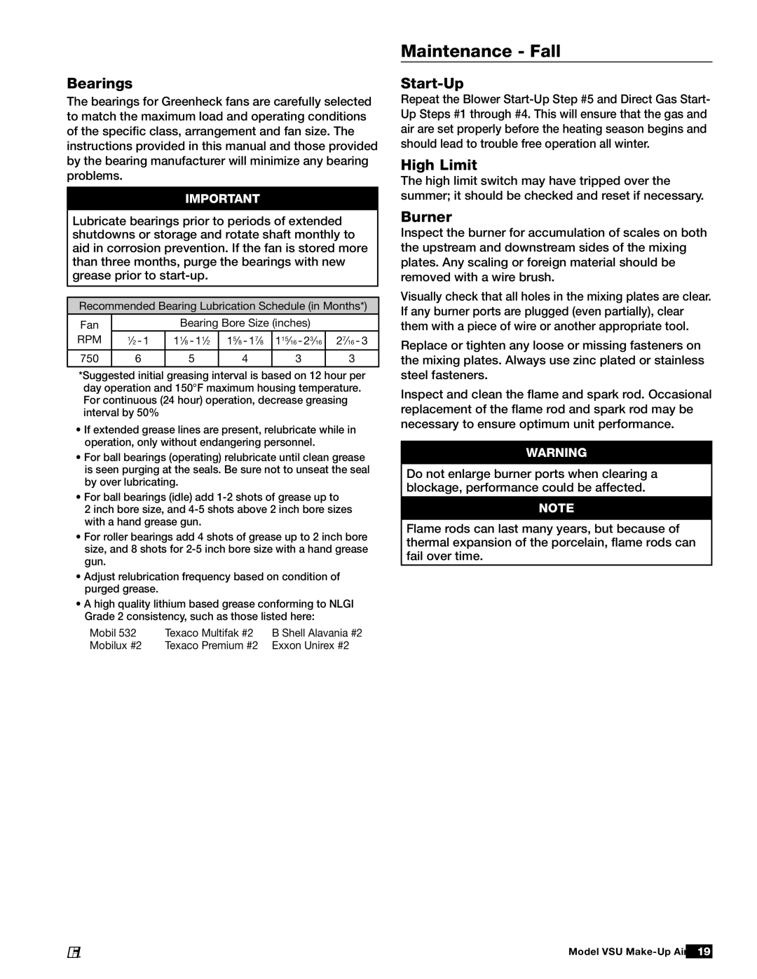 Greenheck Fan VSU manual Maintenance Fall, Bearings, Start-Up, High Limit, Burner 