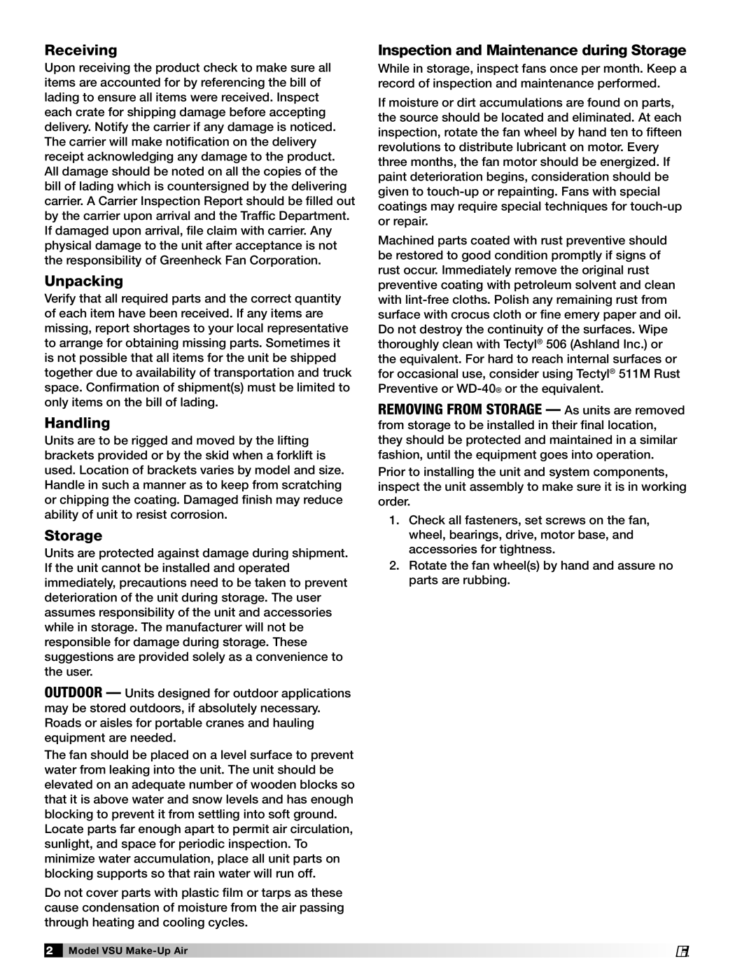 Greenheck Fan VSU manual Receiving, Unpacking, Handling, Inspection and Maintenance during Storage 
