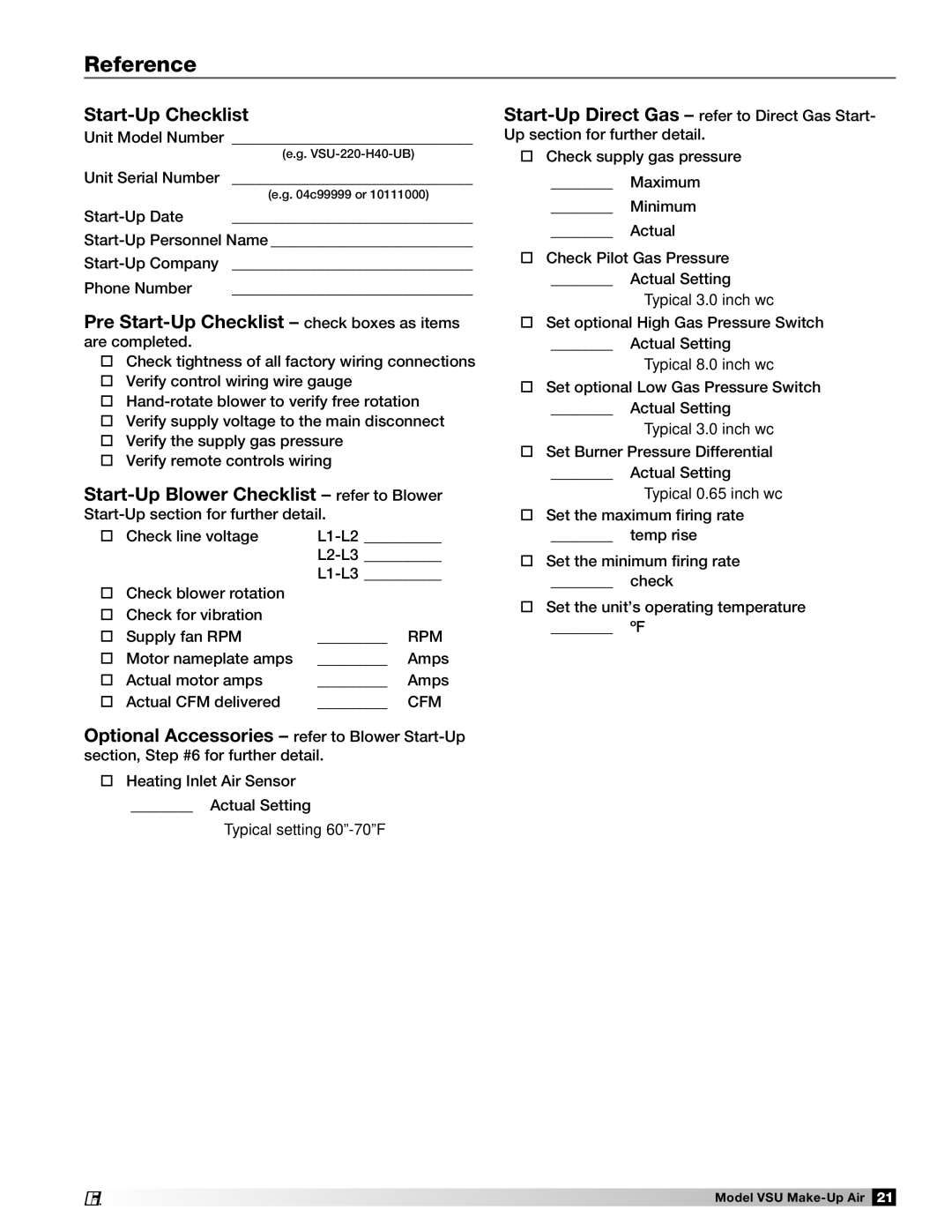 Greenheck Fan VSU manual Start-Up Checklist 