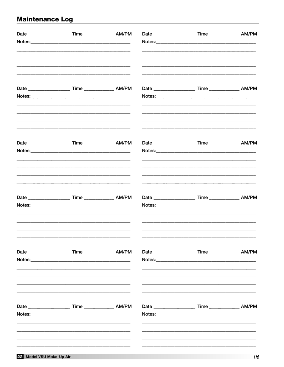 Greenheck Fan VSU manual Maintenance Log, Date Time AM/PM 