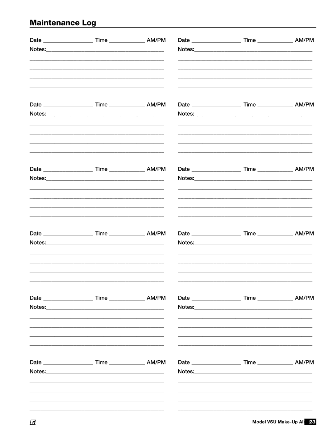 Greenheck Fan VSU manual Maintenance Log 