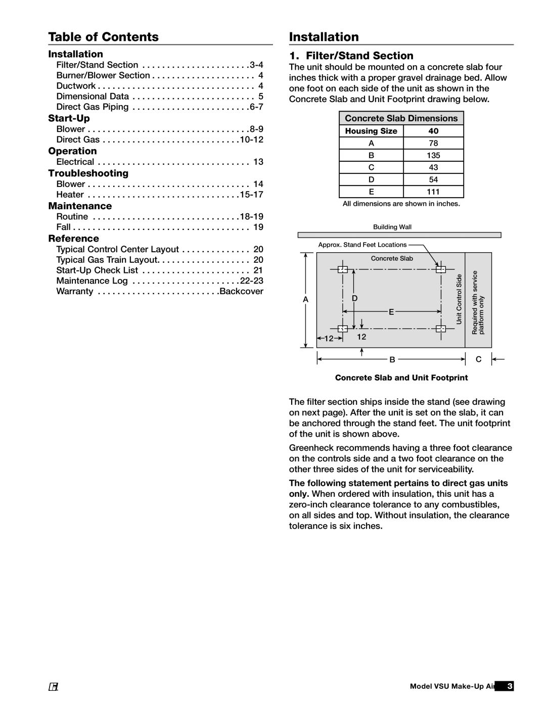 Greenheck Fan VSU manual Table of Contents, Installation 