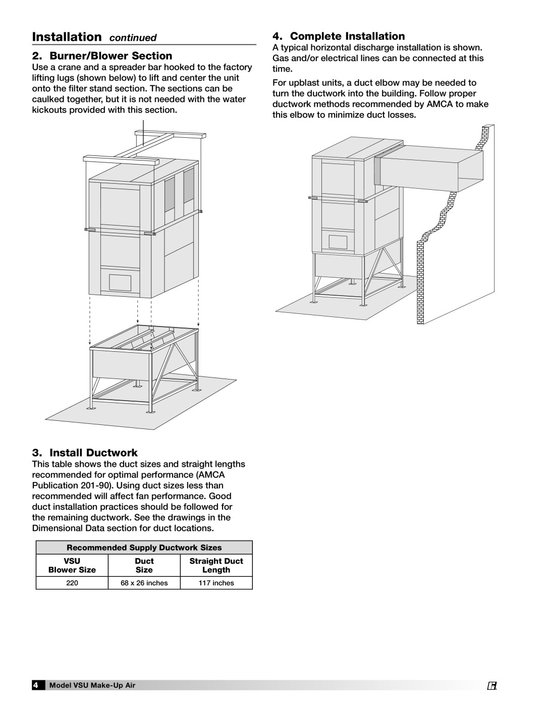 Greenheck Fan VSU manual Burner/Blower Section, Install Ductwork, Complete Installation 