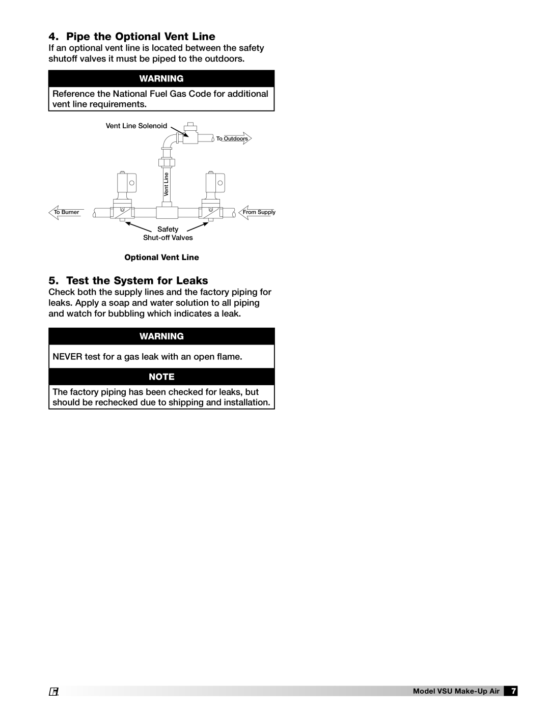 Greenheck Fan VSU manual Pipe the Optional Vent Line, Test the System for Leaks 