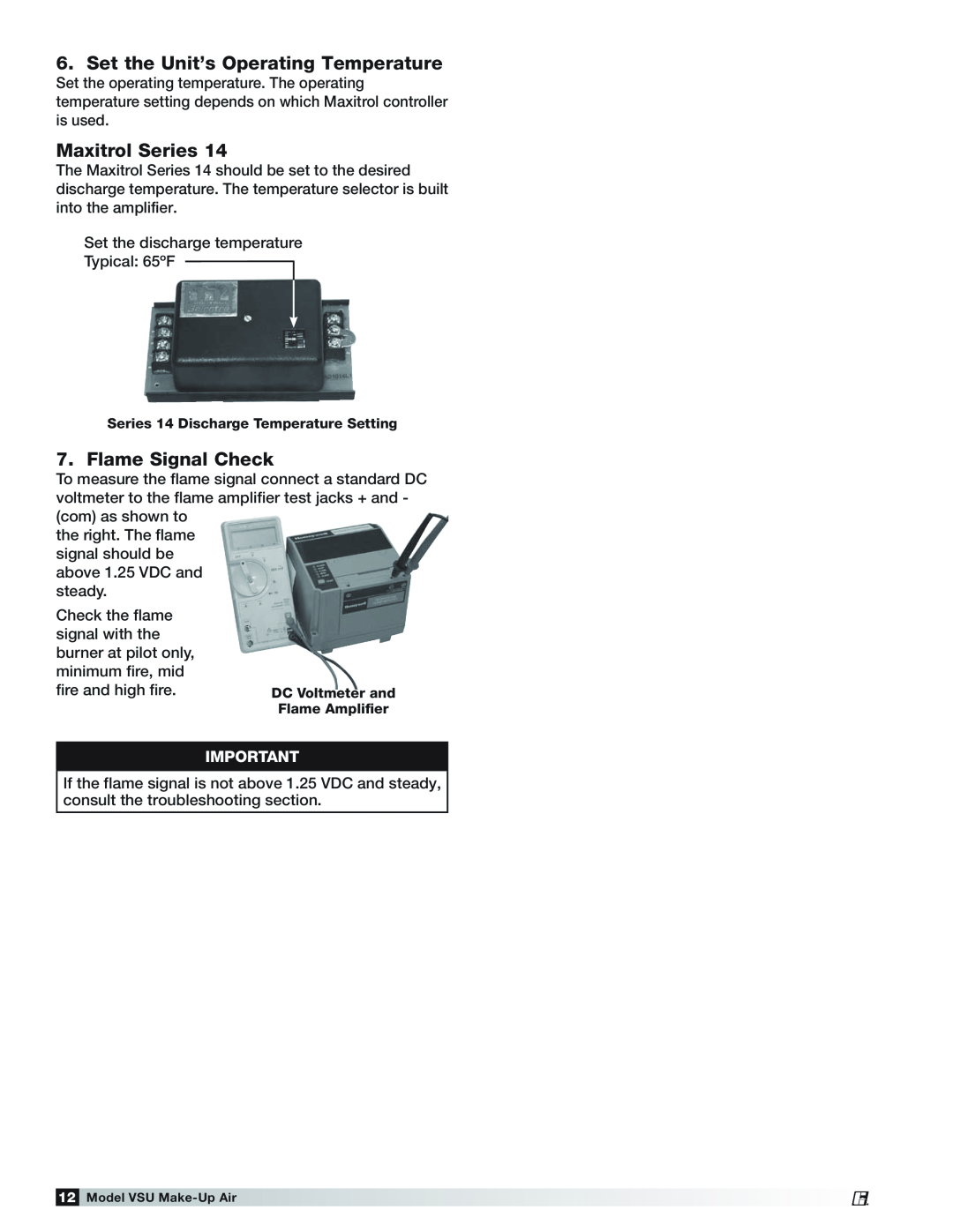 Greenheck Fan VSU manual Set the Unit’s Operating Temperature, Maxitrol Series, Flame Signal Check 