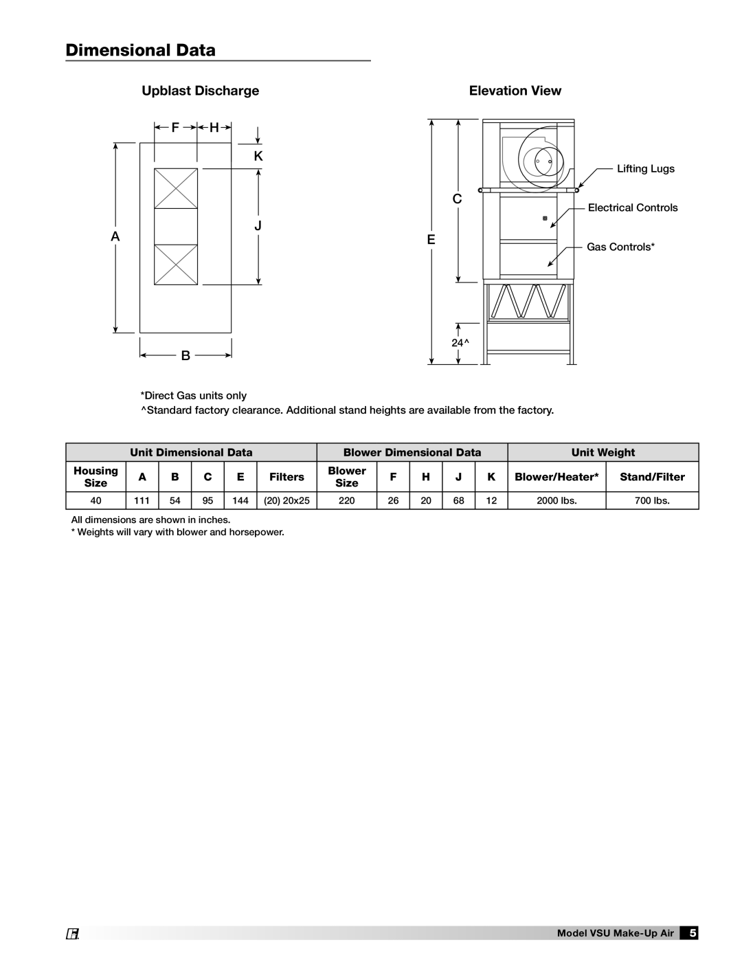 Greenheck Fan VSU manual Dimensional Data, Upblast Discharge, Elevation View, F H K C 