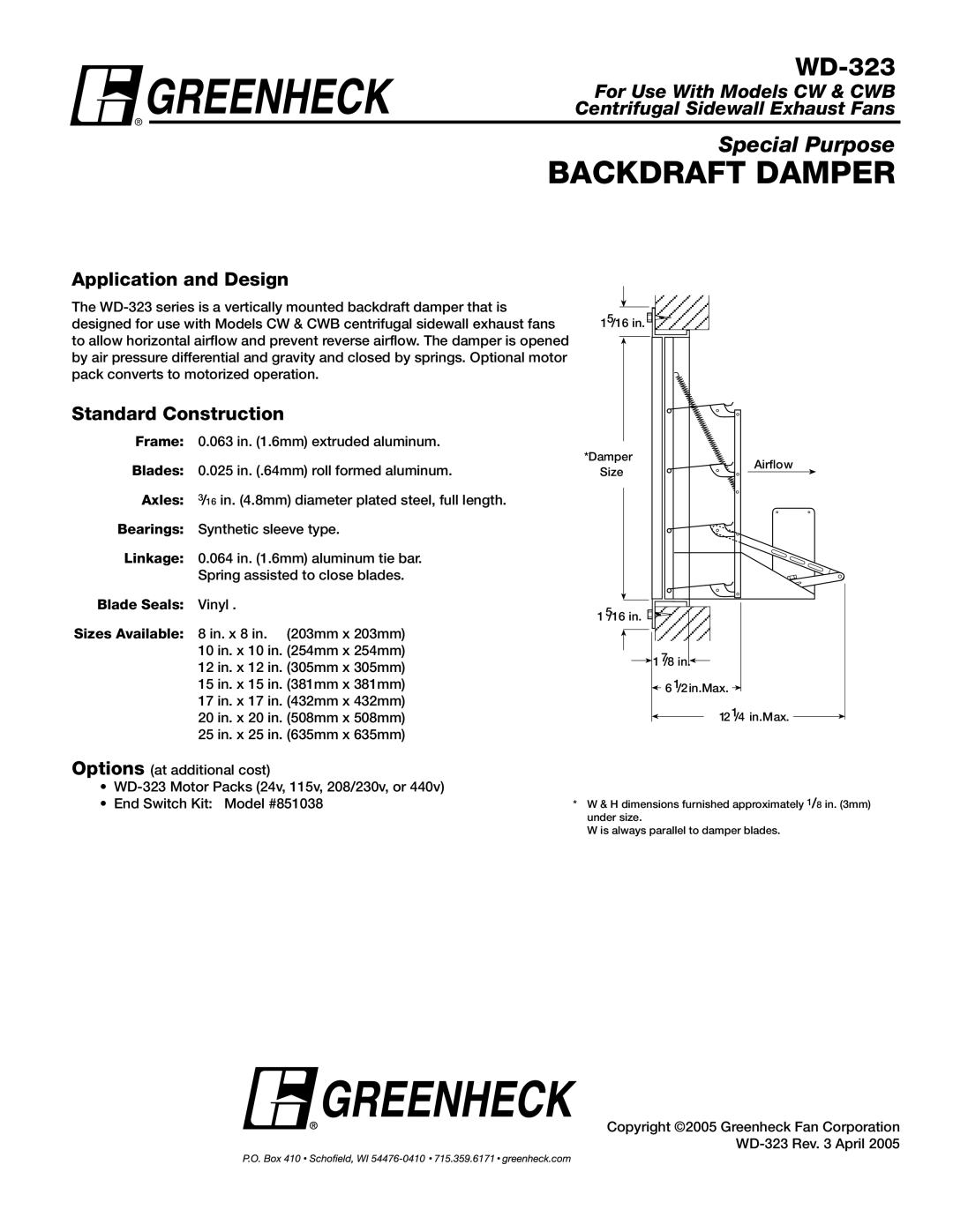 Greenheck Fan WD-323 dimensions Backdraft Damper, Application and Design, Standard Construction 