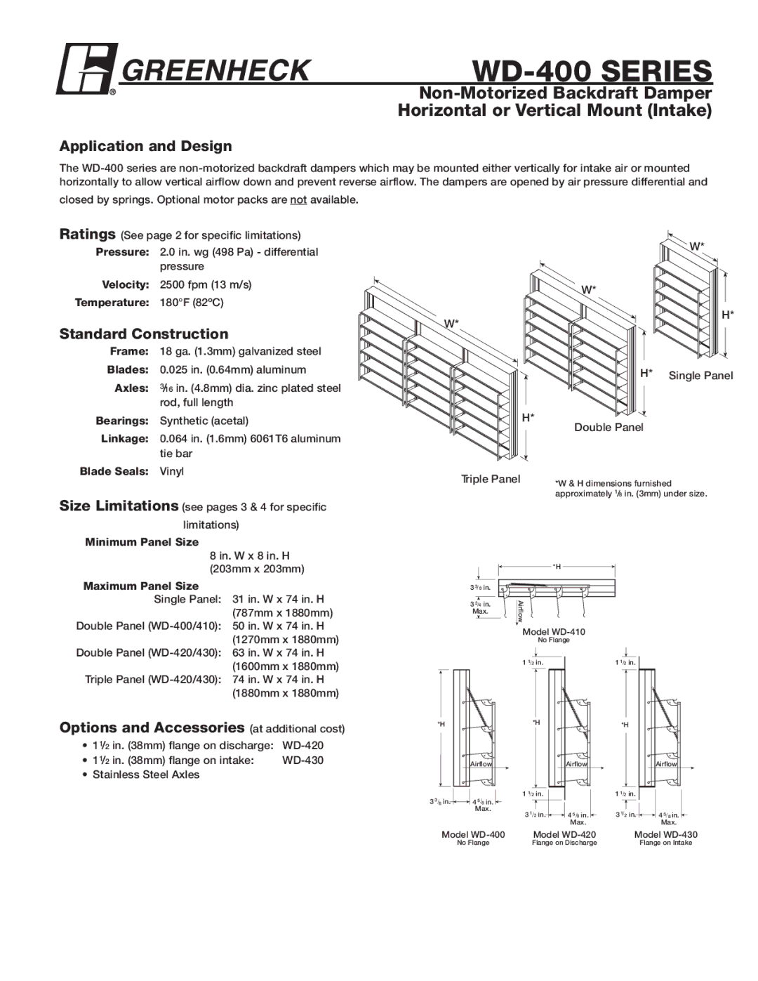 Greenheck Fan WD-400 Series dimensions Application and Design, Standard Construction 