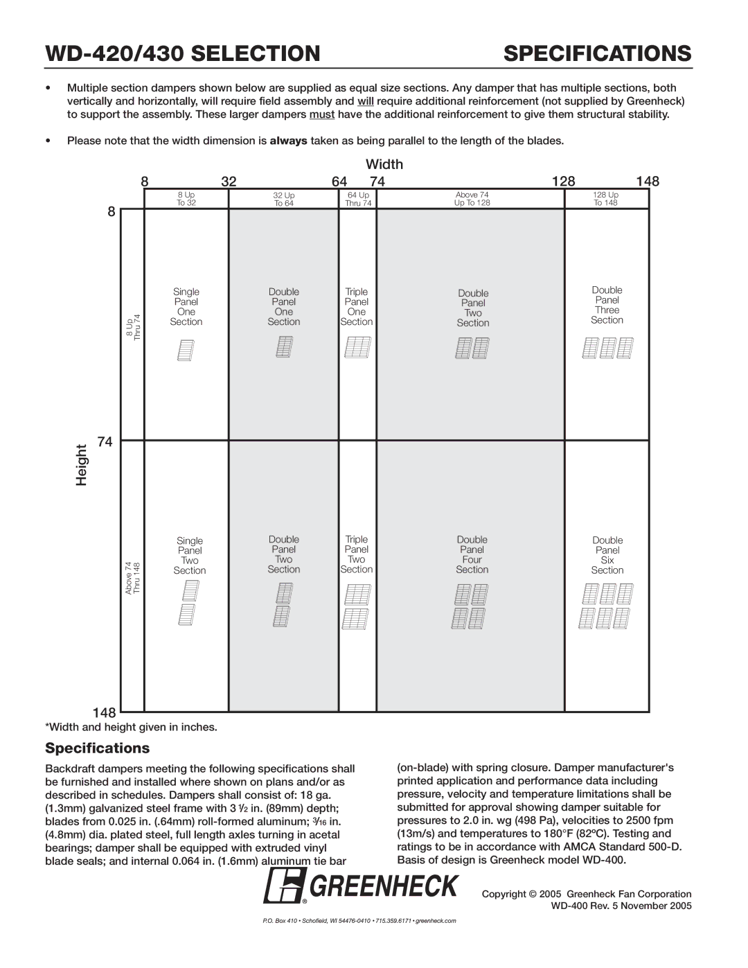 Greenheck Fan WD-400 Series dimensions WD-420/430 Selection Specifications 
