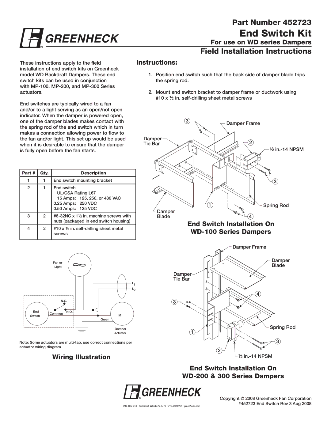 Greenheck Fan WD Series installation instructions End Switch Kit, Part Number, Field Installation Instructions 