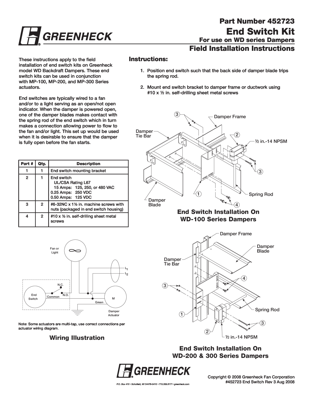 Greenheck Fan WD Series installation instructions End Switch Kit, Part Number, Field Installation Instructions 
