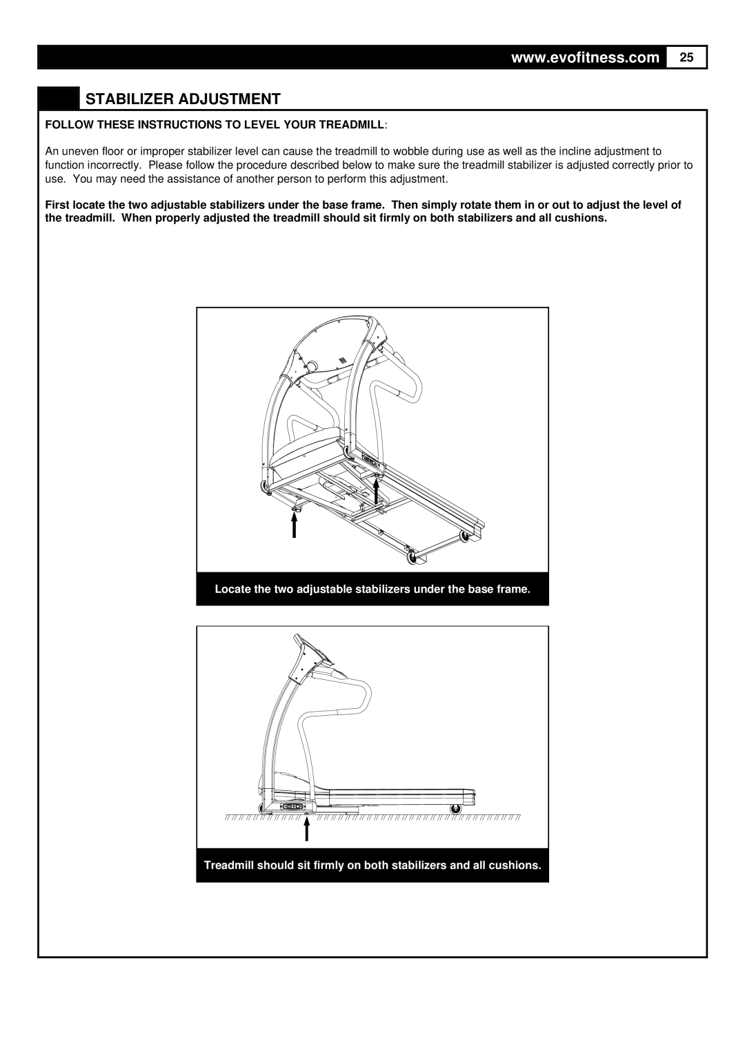 Greenmaster FX40HR manual Stabilizer Adjustment, Follow These Instructions to Level Your Treadmill 