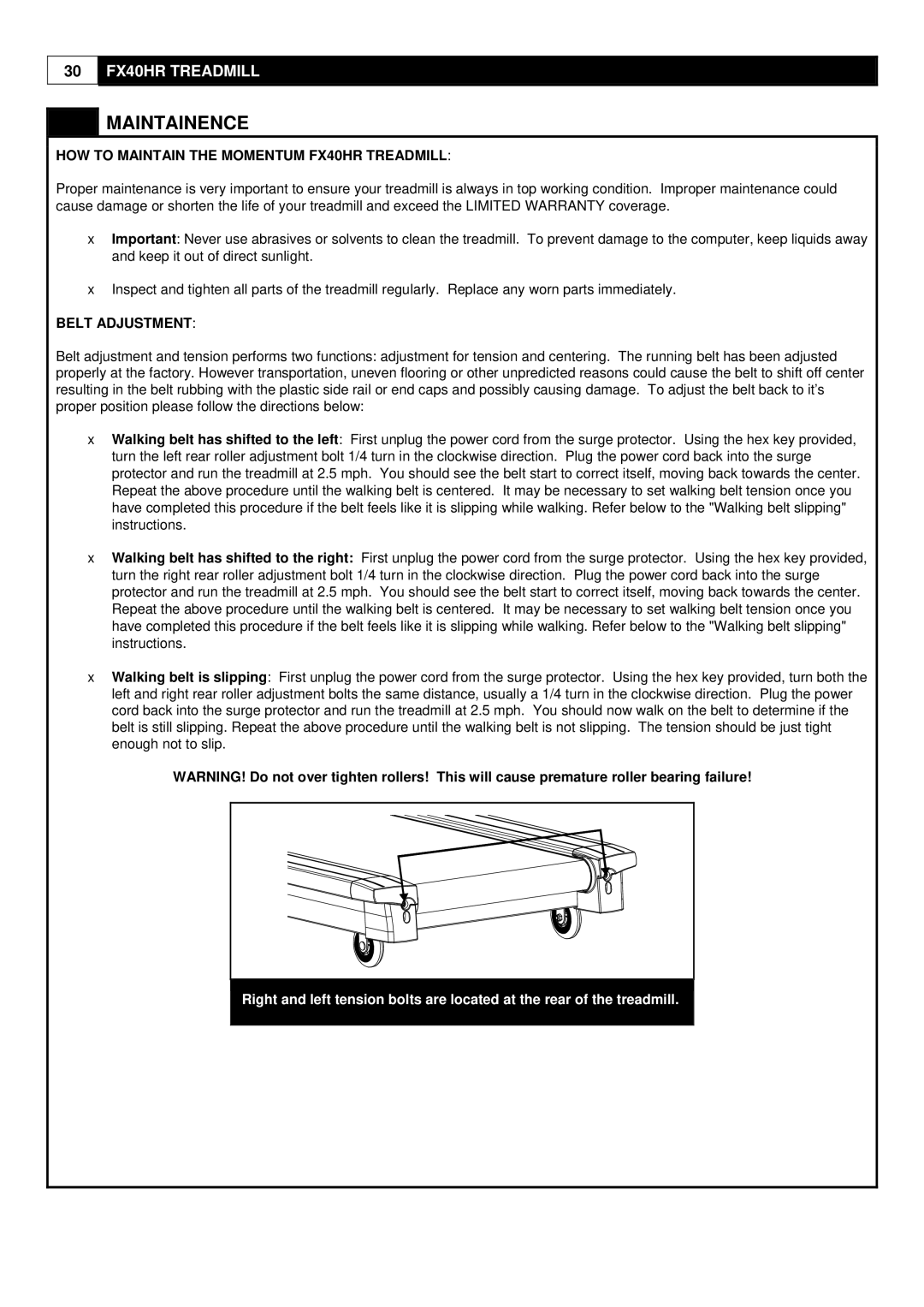 Greenmaster manual Maintainence, HOW to Maintain the Momentum FX40HR Treadmill, Belt Adjustment 