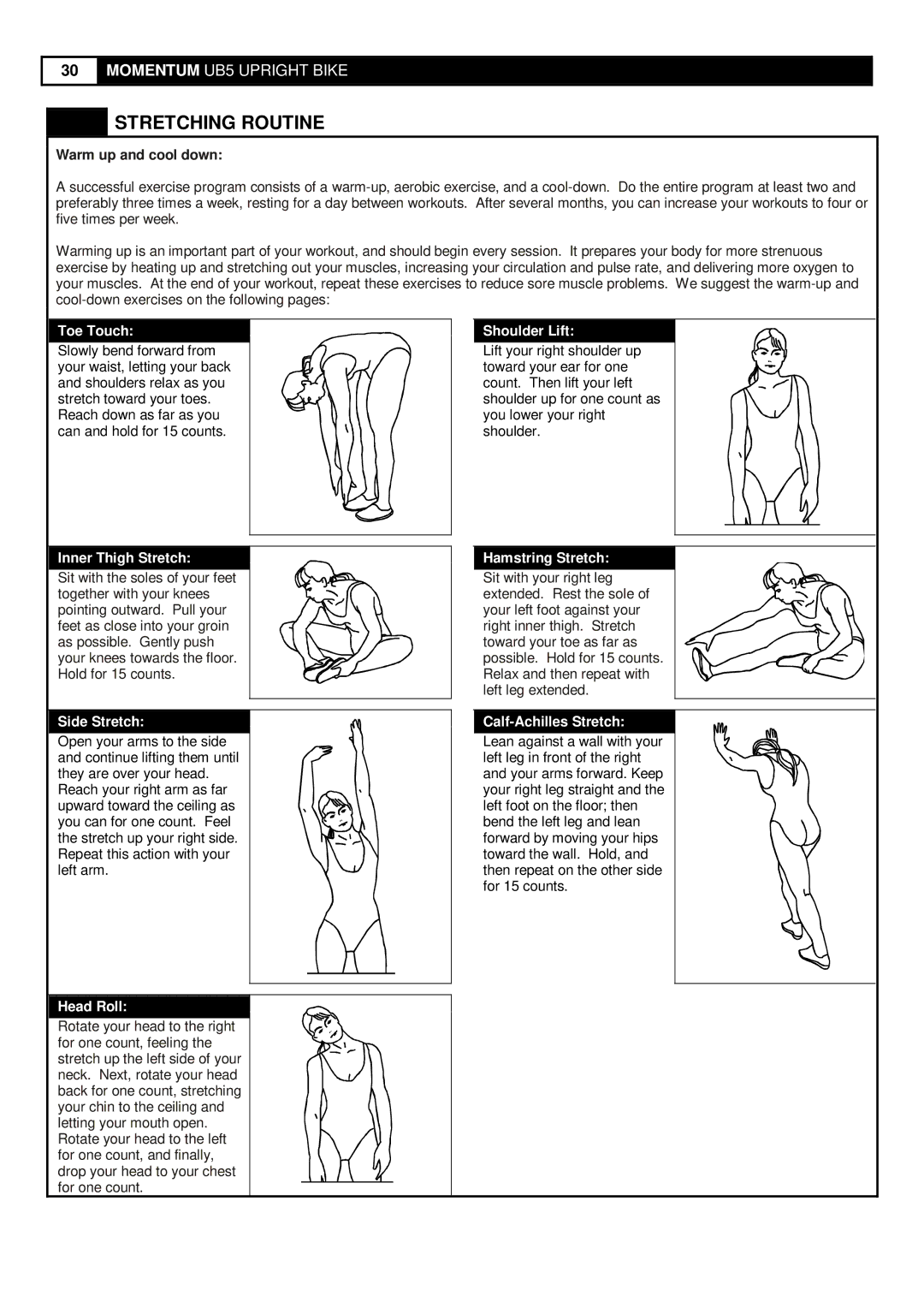 Greenmaster UB5 manual Stretching Routine, Warm up and cool down 