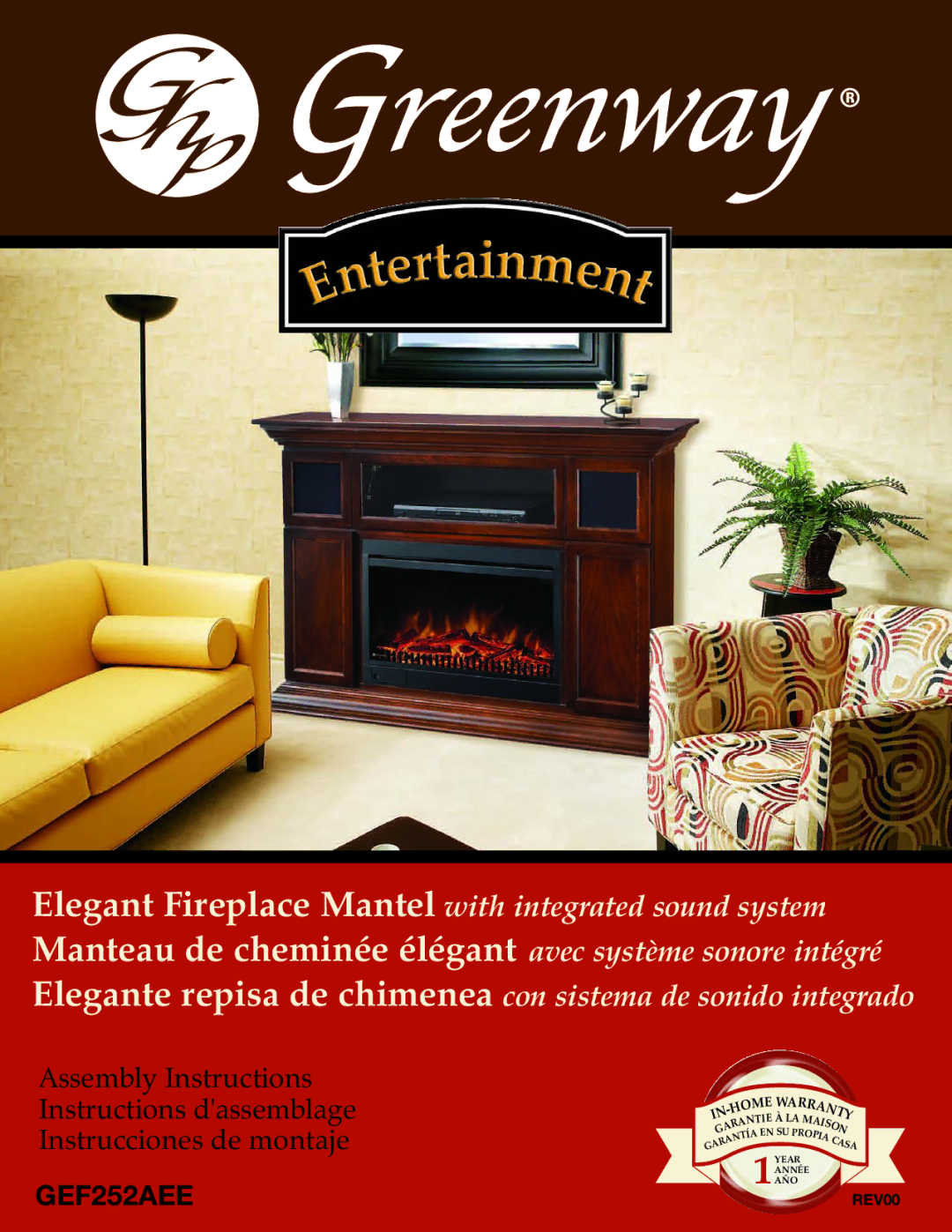 Greenway Home Products GEF252AEE warranty Manteau de cheminée élégant avec système sonore intégré 