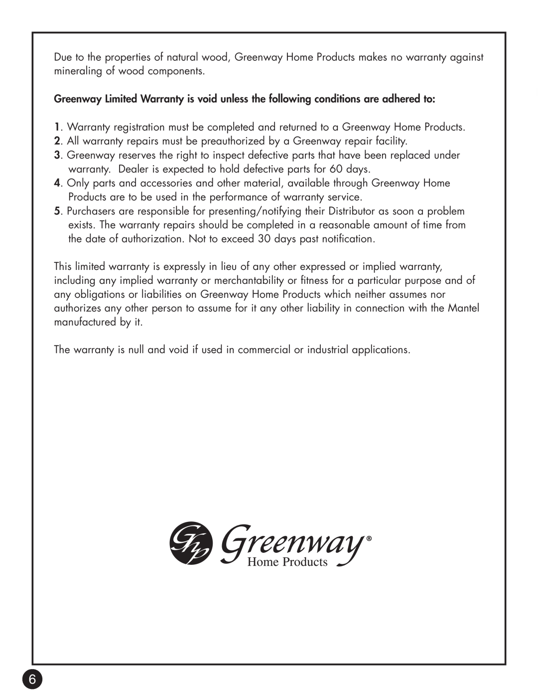 Greenway Home Products GEF257OK warranty 