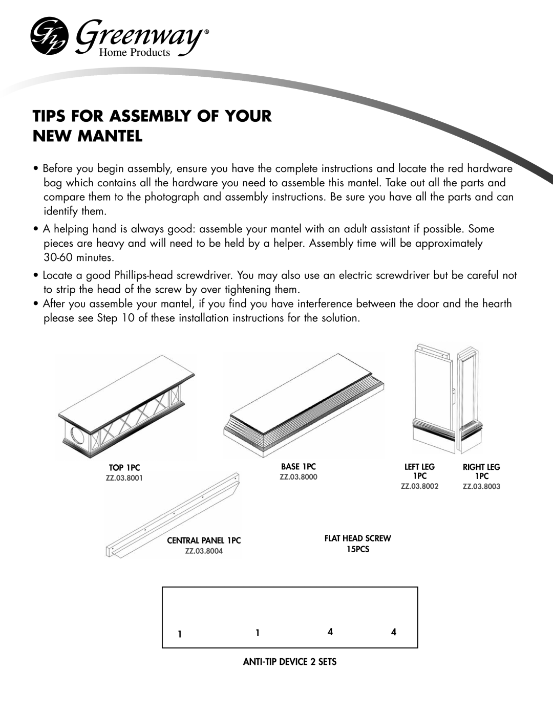 Greenway Home Products GEF282ABL manual Tips for Assembly of Your NEW Mantel, Left LEG 