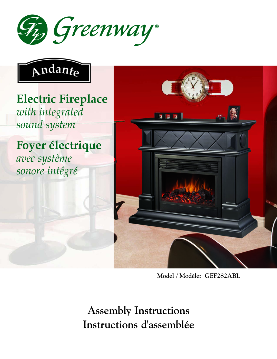 Greenway Home Products GEF282ABL manual Electric Fireplace, Foyer électrique, with integrated sound system 