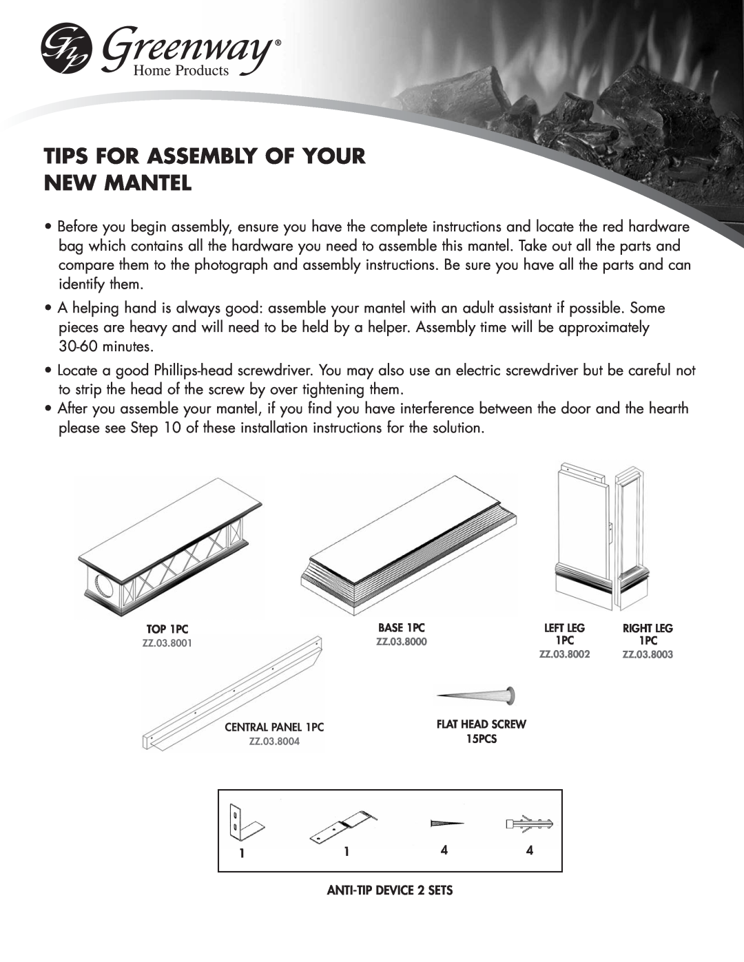 Greenway Home Products GEF282ABL manual Tips For Assembly Of Your New Mantel, ANTI-TIPDEVICE 2 SETS 