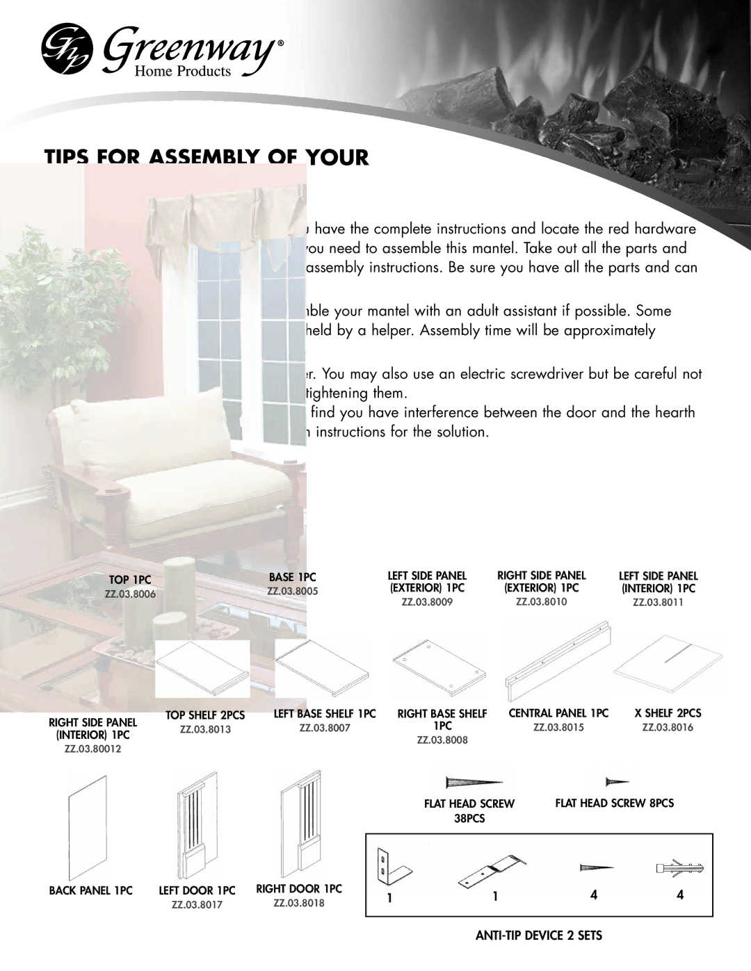 Greenway Home Products GEF28WCDO manual Tips for Assembly of Your NEW Mantel, Right Base Shelf 